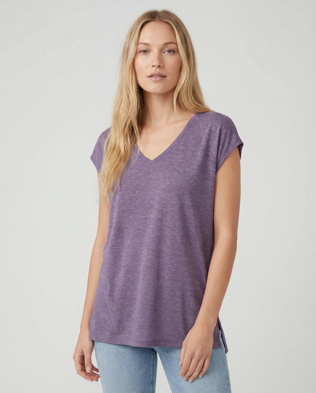 Mauve cotton jersey v-neck cap-sleeve relaxed top