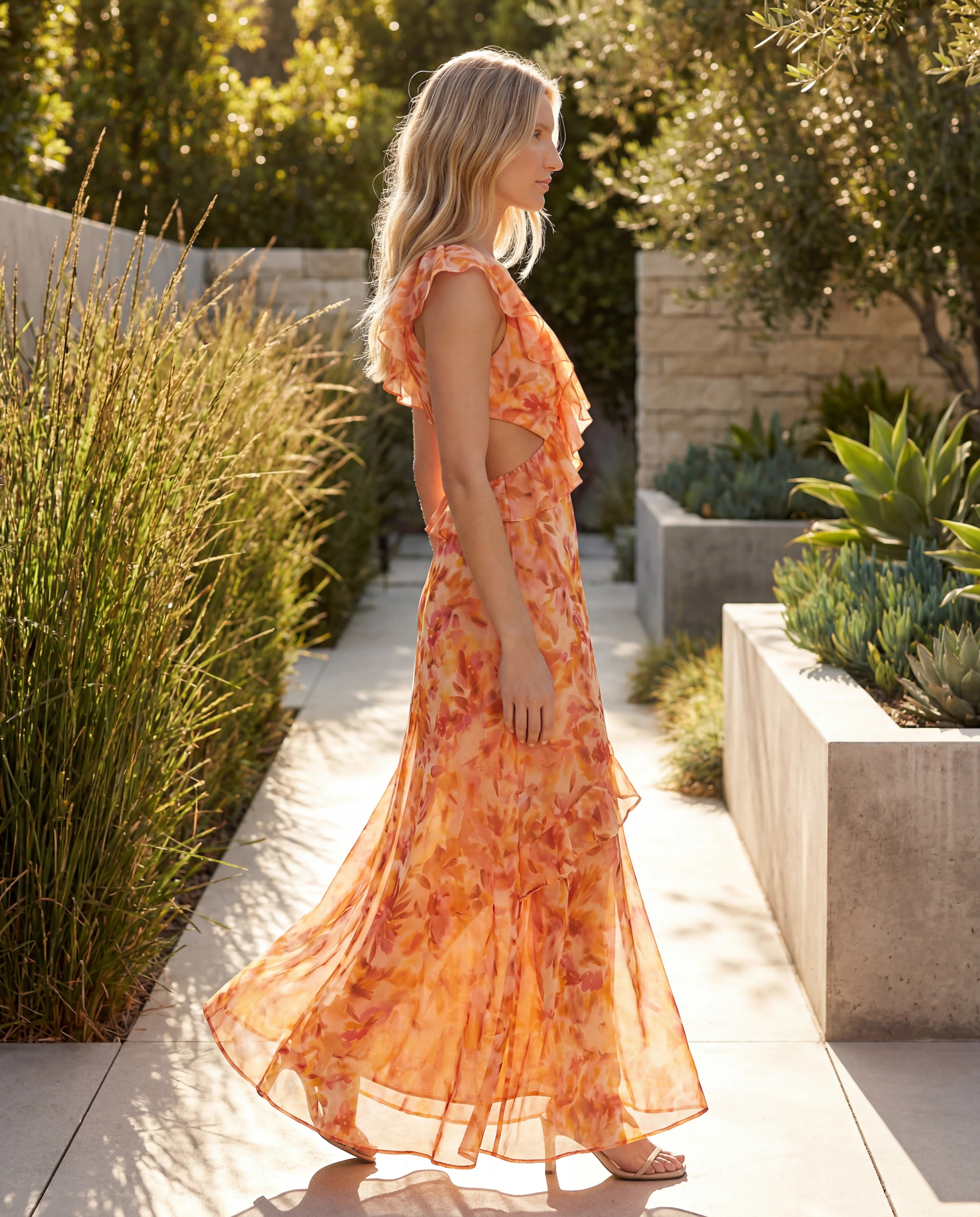 V Neck Ruffle Sleeve Floral Side Cutout Tiered Maxi Dress – Kyara The Label