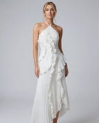 White chiffon ruffle halter wedding guest midi dress