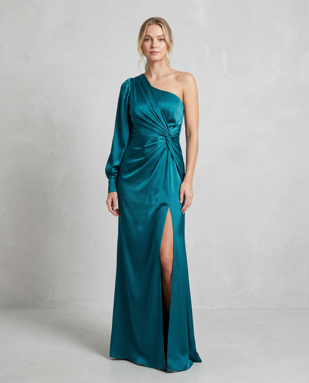 Square-neck ruched bodycon maxi dress - blue green front