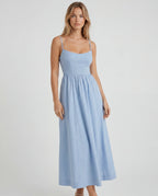 Light blue chiffon sweetheart fit-and-flare wedding guest maxi dress
