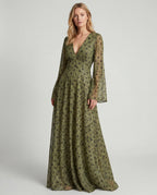 Sage green crepe v-neck long-sleeve pleated bridesmaid midi dress