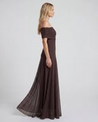 Chocolate brown chiffon off-shoulder maxi dress - side