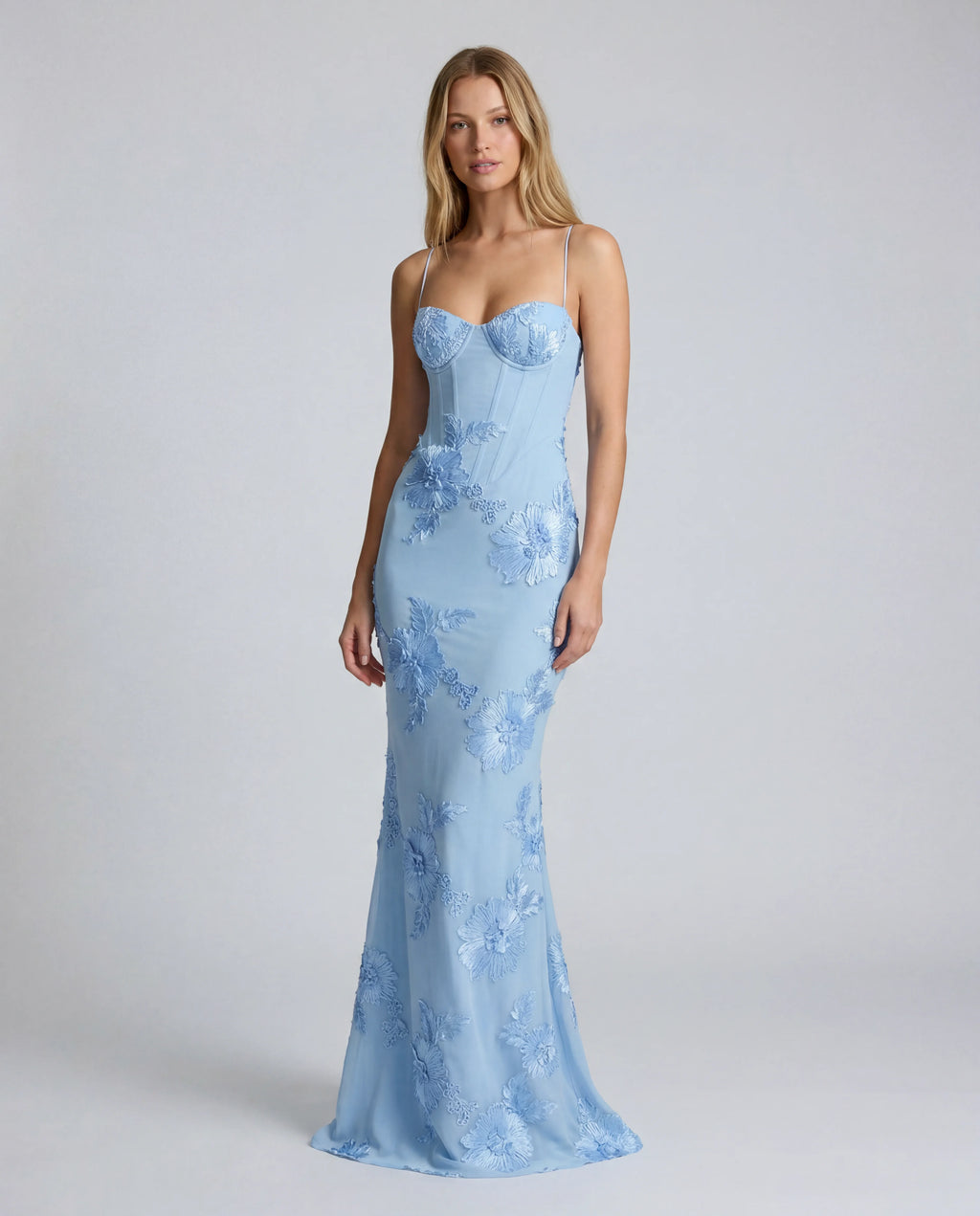 Embellished lace maxi slip dress - blue front