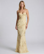 Gold embellished lace sweetheart wedding guest maxi slip dress