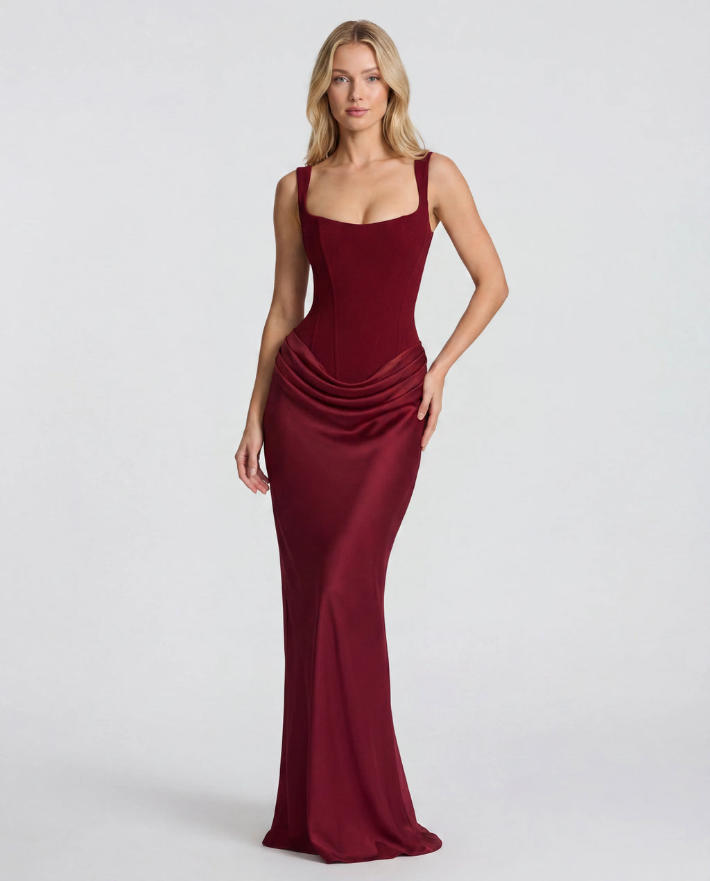 Marron square-neck bodycon maxi dress - front