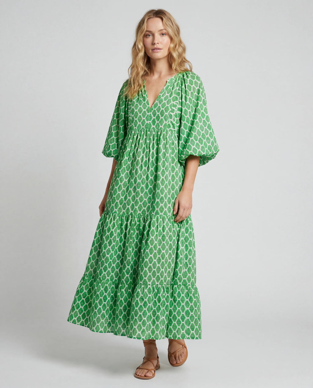 Cotton linen halter midi dress - green front