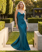 Teal satin cowl-neck maxi slip dress - blue lifestyle