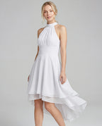 White chiffon asymmetric halter wedding guest midi dress with high-low hem