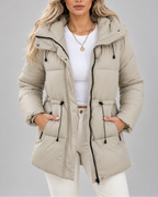 Women's Longline Hooded Puffer Coat with Drawstring Waist and Pockets