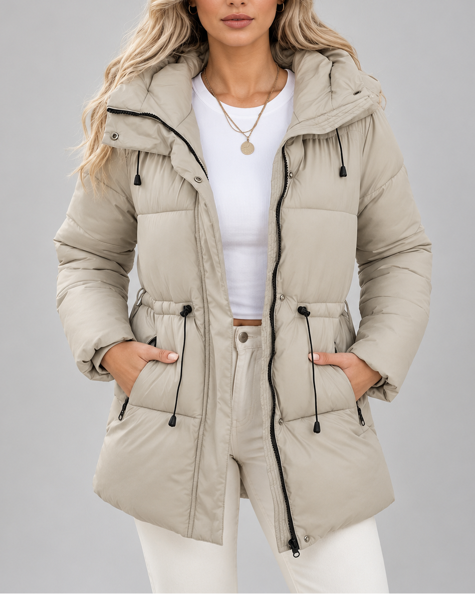 Women's Longline Hooded Puffer Coat with Drawstring Waist and Pockets