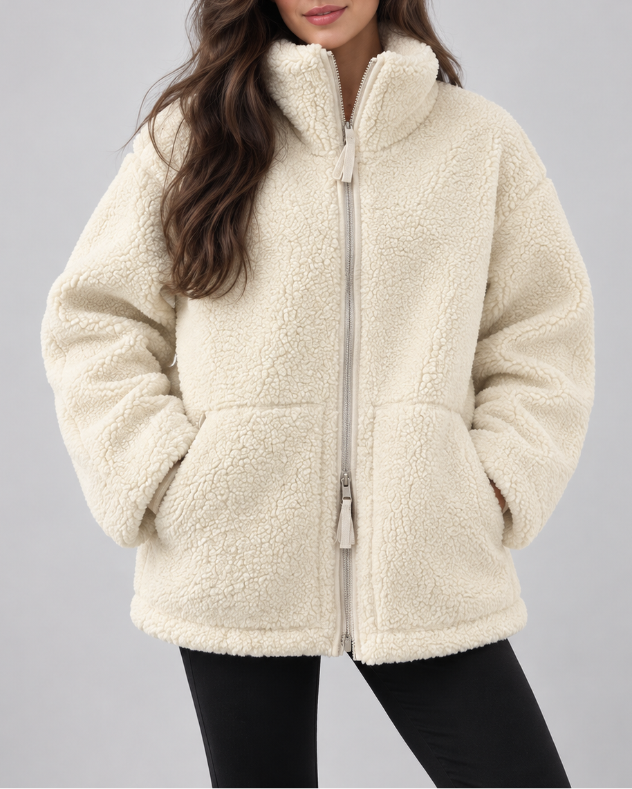 Women's Oversized Teddy Fleece Jacket with Stand Collar and Zip Front