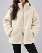 Women's Oversized Teddy Fleece Jacket with Stand Collar and Zip Front