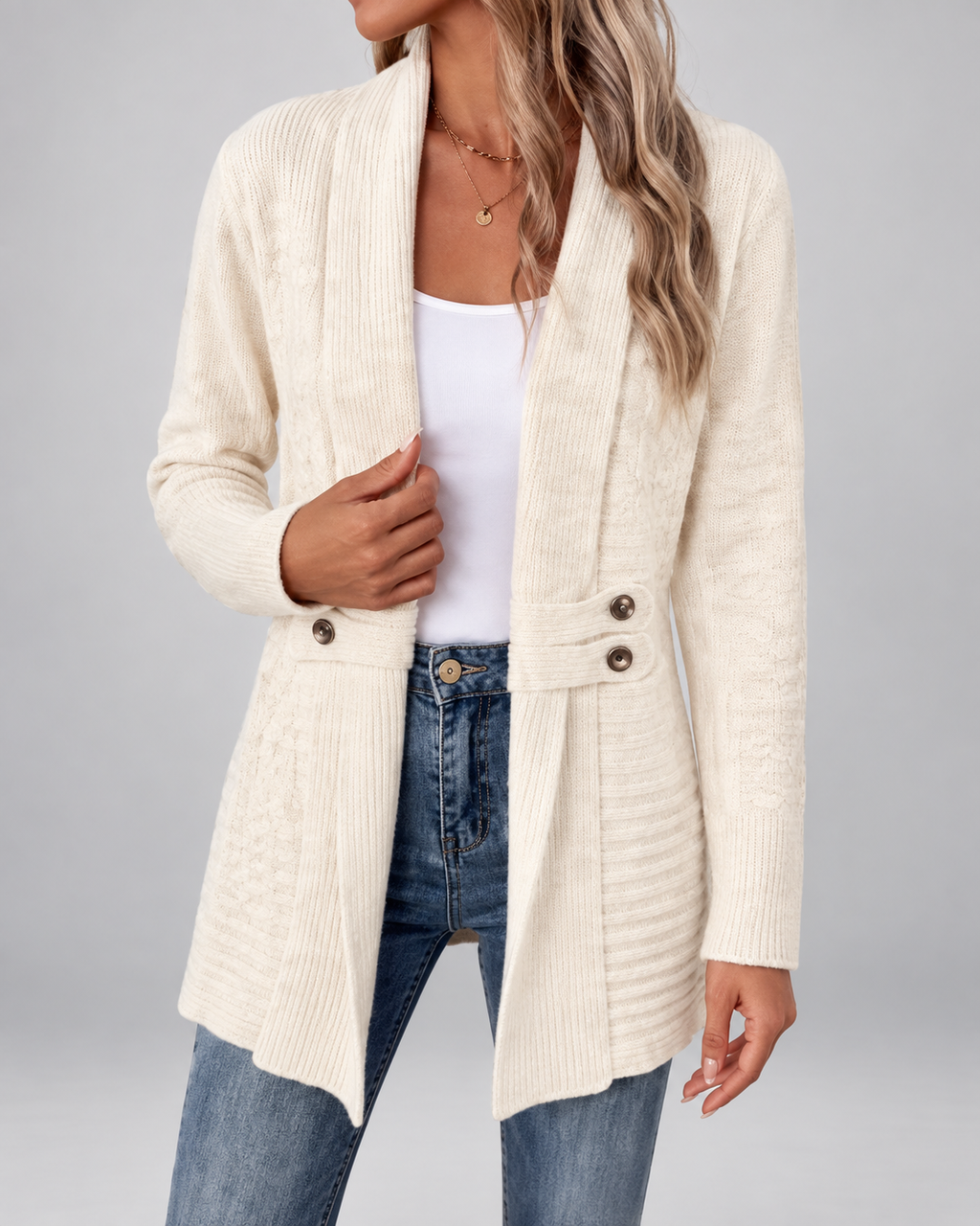 Women's Longline Knit Cardigan with Shawl Collar and Button Tabs