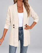 Women's Longline Knit Cardigan with Shawl Collar and Button Tabs