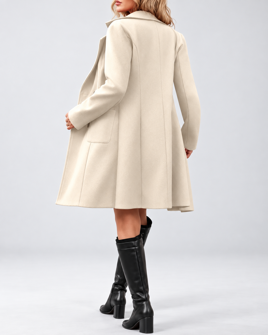 Women's Mid Length Wool Blend Coat with Notch Lapel and Double Breasted Front