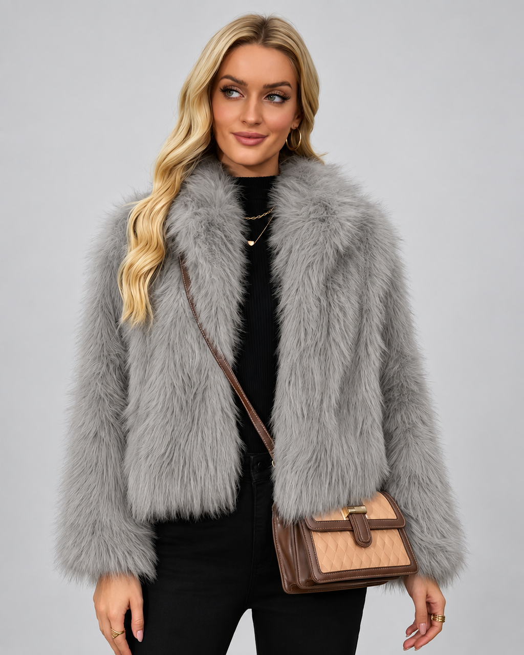 Women's Soft Faux Fur Jacket with Shawl Collar and Open Front