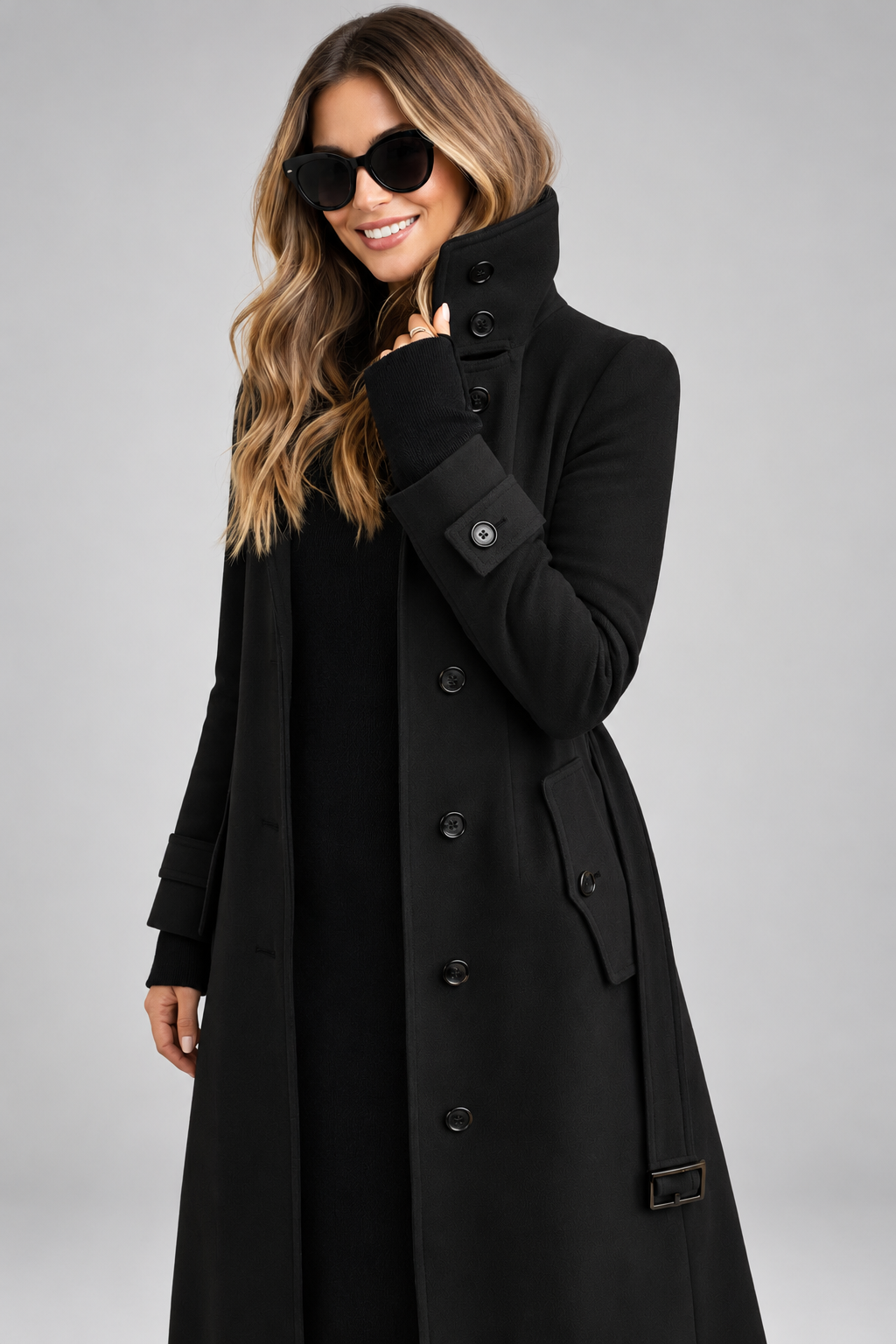 Women's Double Breasted Wool Blend Coat with Stand Collar