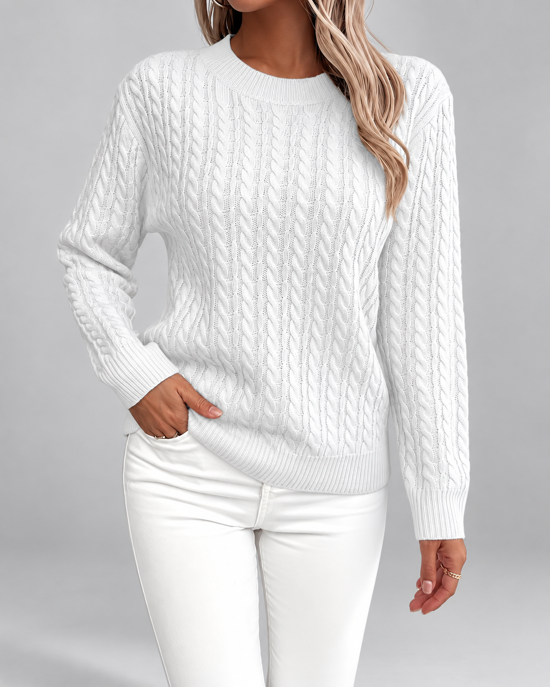Women's Cable Textured Jumper with Crew Neck and Ribbed Cuffs