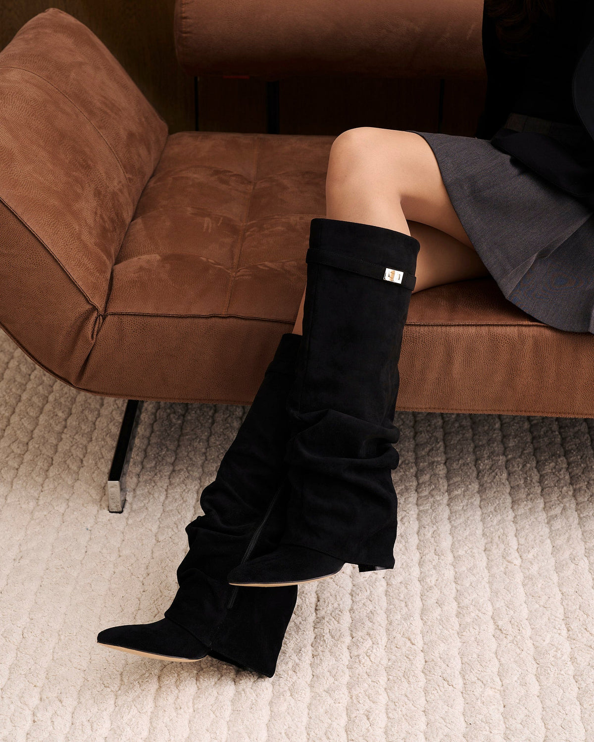 Women's Suede Look Knee High Boots with Fold Over Shaft