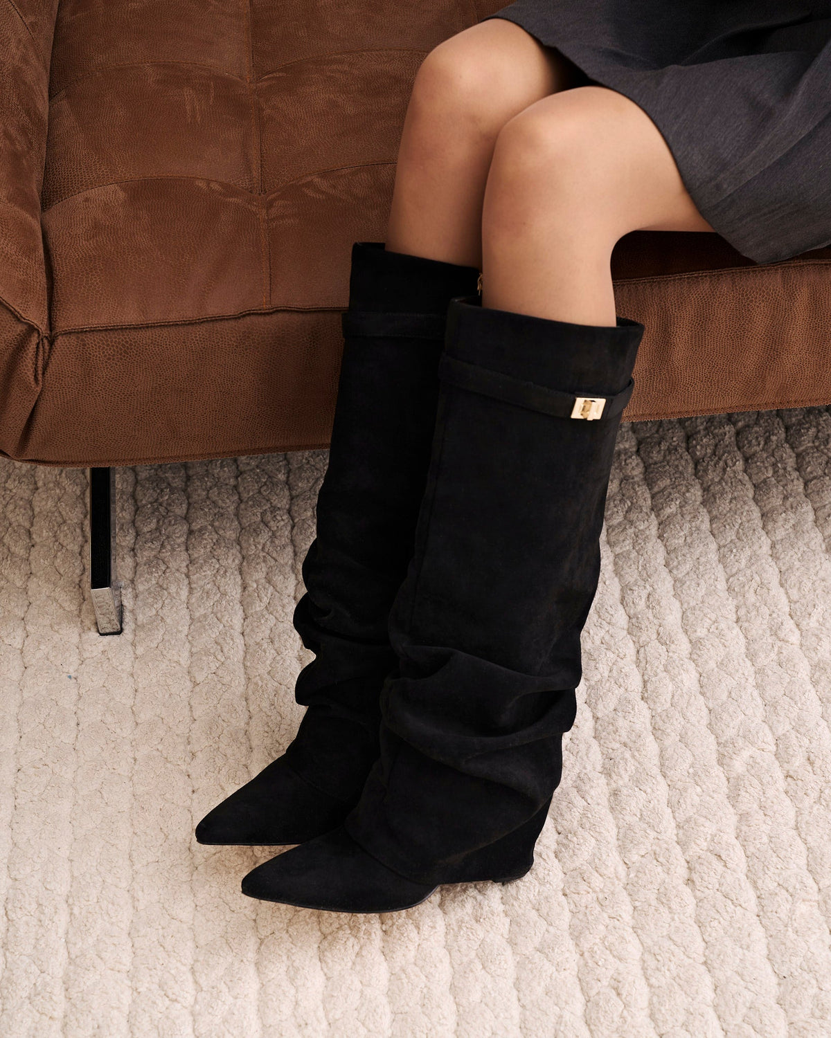 Women's Suede Look Knee High Boots with Fold Over Shaft