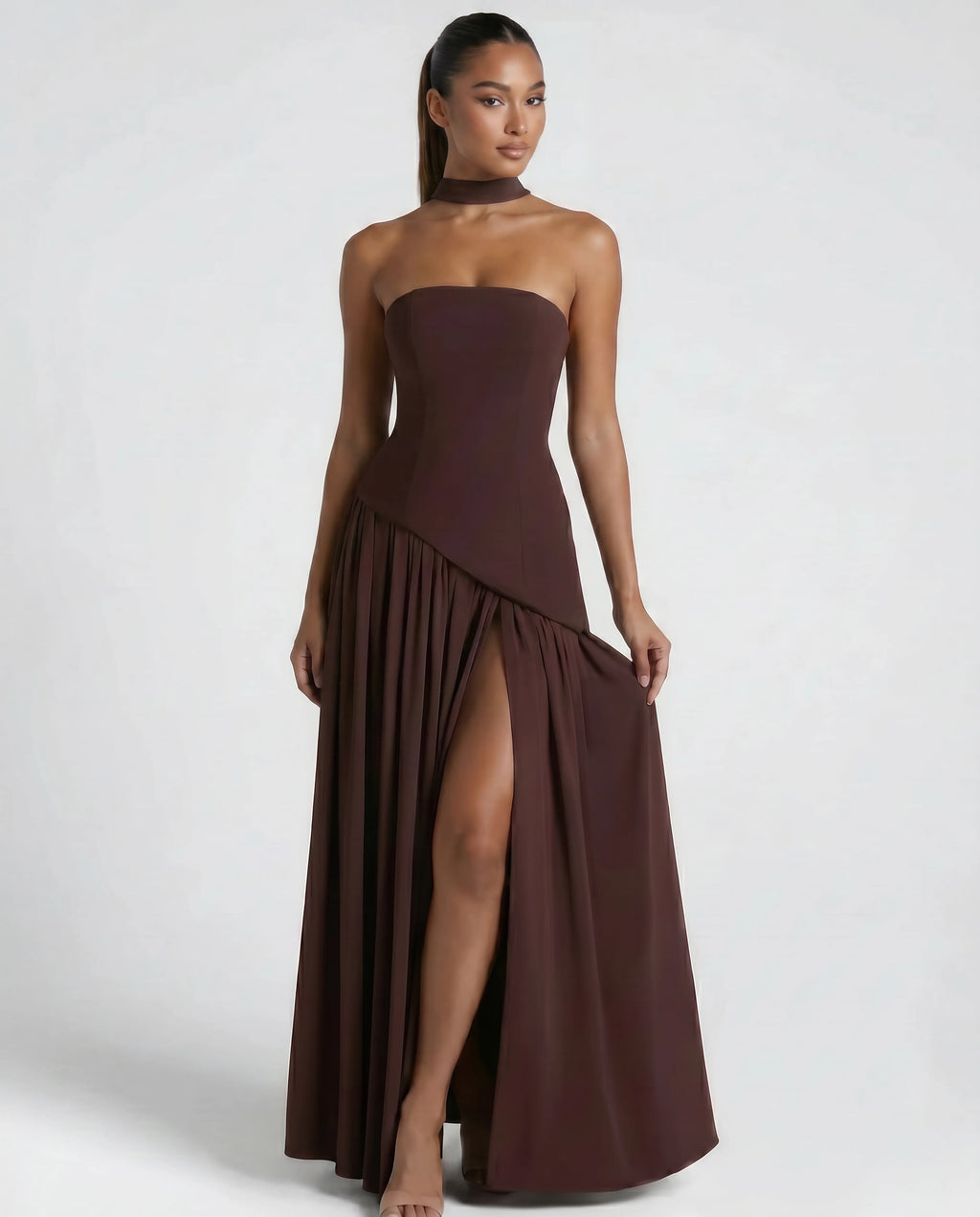 Strapless Side Split Maxi Dress with Scarf Detail