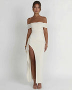 Off Shoulder Ruched Draped Side Split Maxi Dress
