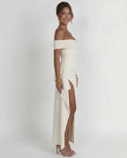 Off Shoulder Ruched Draped Side Split Maxi Dress