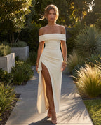 Off Shoulder Ruched Draped Side Split Maxi Dress