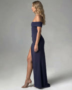Off Shoulder Ruched Draped Side Split Maxi Dress
