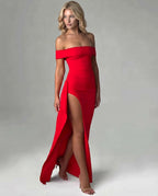 Off Shoulder Ruched Draped Side Split Maxi Dress