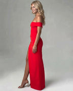Off Shoulder Ruched Draped Side Split Maxi Dress
