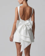 Boat Neck Open Back A Line Mini Dress with Bow Detail