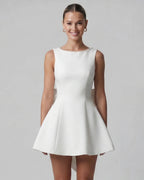 Boat Neck Open Back A Line Mini Dress with Bow Detail