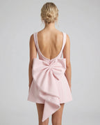Boat Neck Open Back A Line Mini Dress with Bow Detail