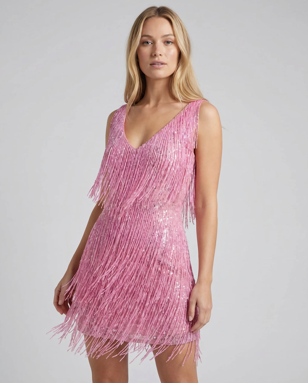 V Neck Sleeveless Sequin Fringe Mini Dress
