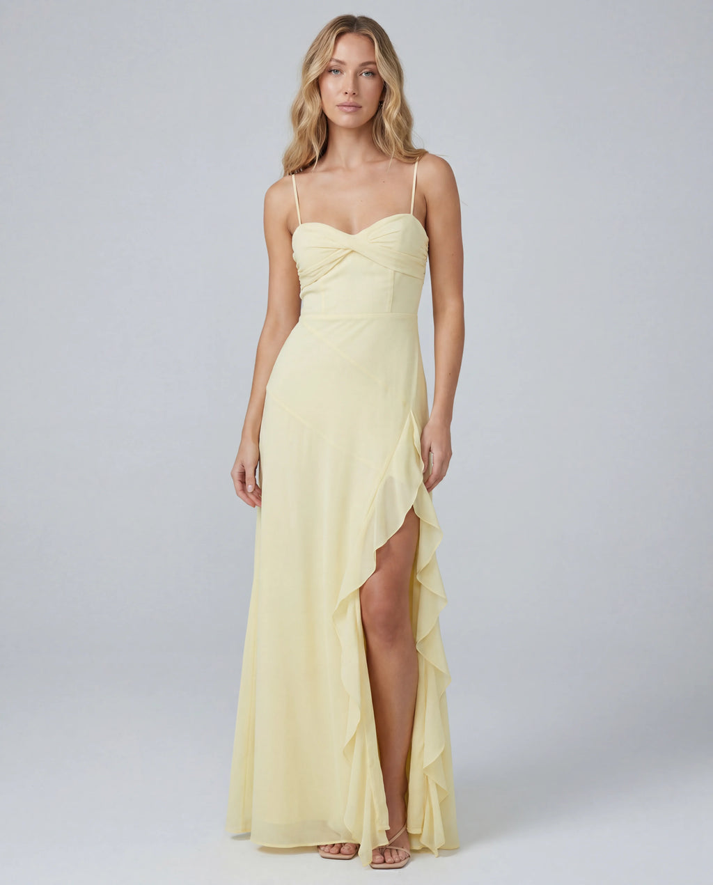 Spaghetti Strap Sweetheart Corset Bodice Ruffle Side Split Maxi Dress