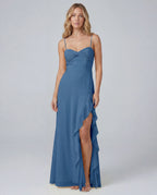 Spaghetti Strap Sweetheart Corset Bodice Ruffle Side Split Maxi Dress