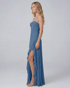 Spaghetti Strap Sweetheart Corset Bodice Ruffle Side Split Maxi Dress