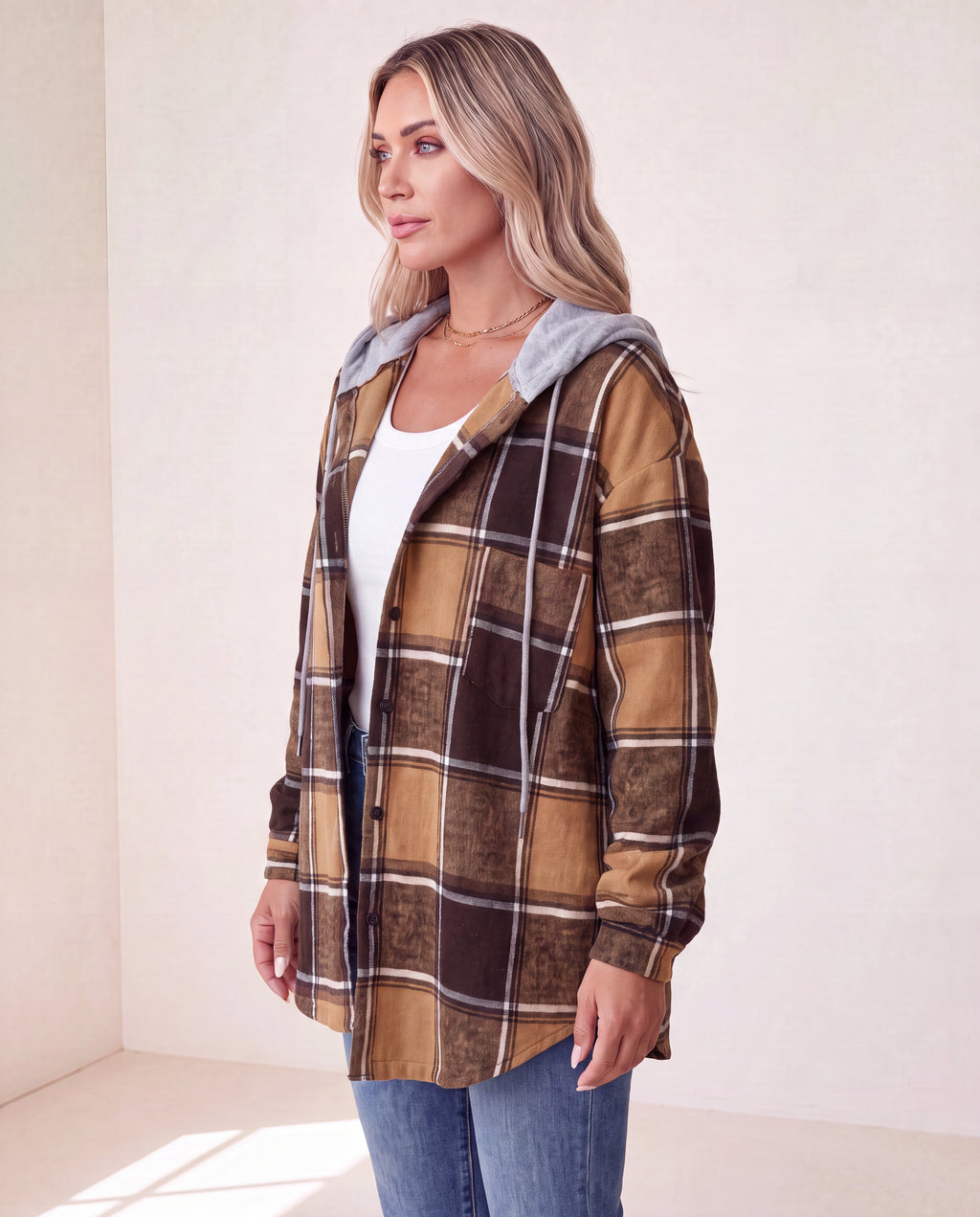 Women's Plaid Check Hooded Button Up Jacket