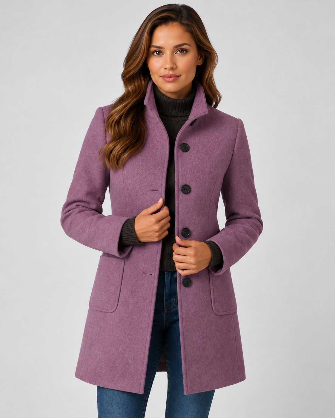 Women's Long Coat with Stand Collar and Button Front