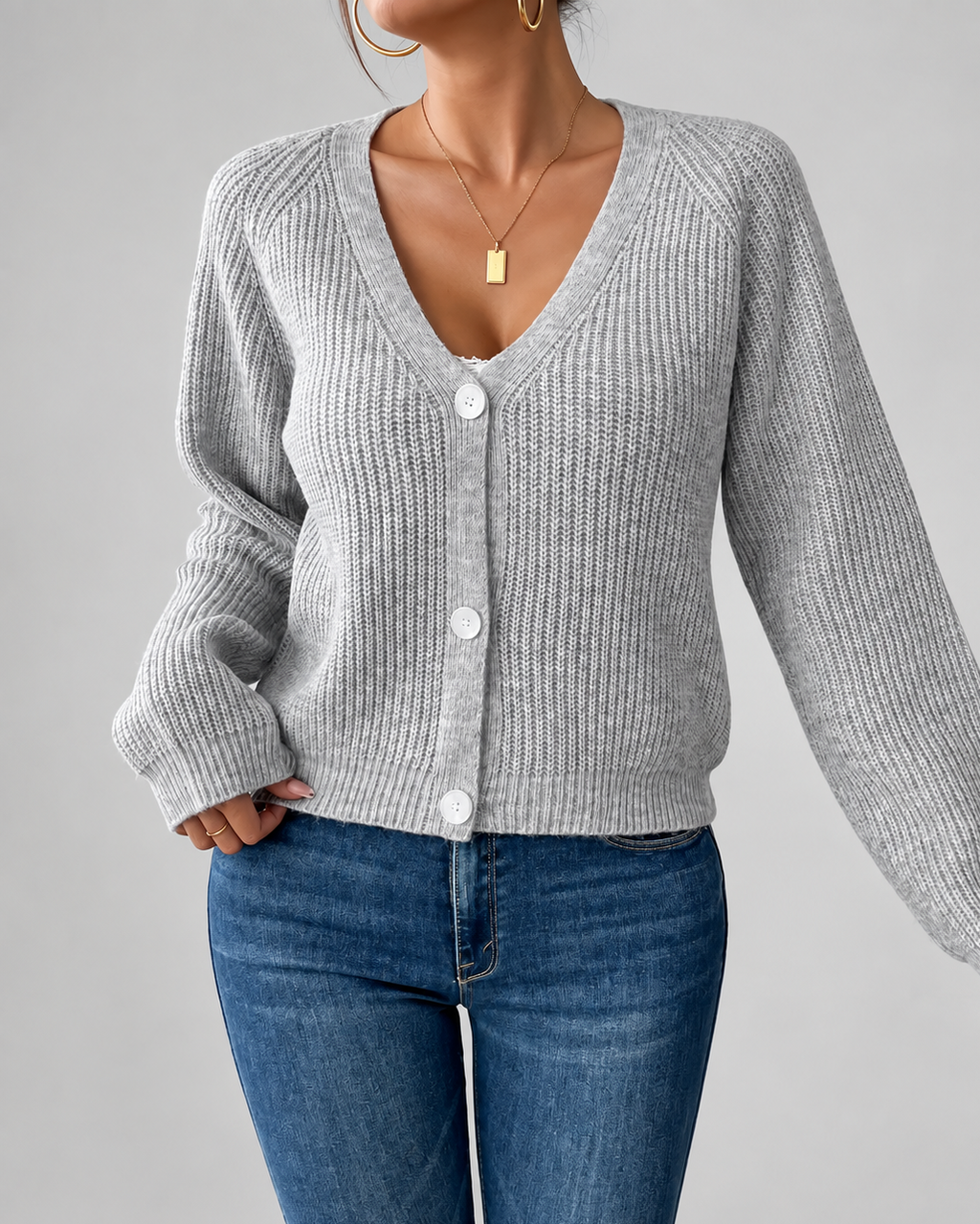 Women's Ribbed Knit Cardigan with V-Neck and Button Front