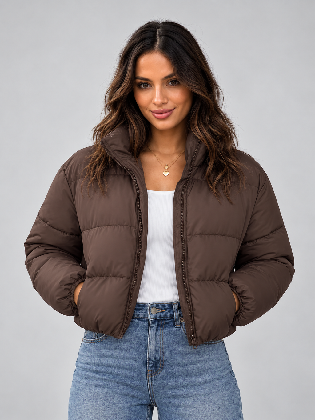 Women's Padded Cropped Puffer Jacket with Zip Front and Stand Collar