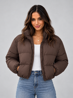 Women's Padded Cropped Puffer Jacket with Zip Front and Stand Collar