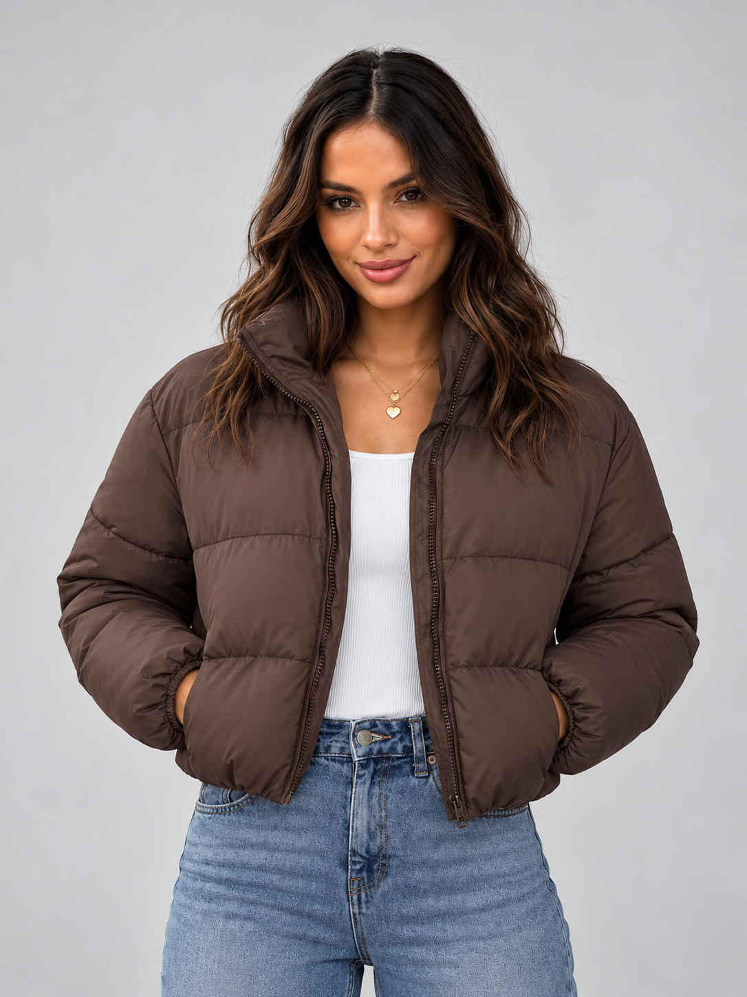 Women's Padded Cropped Puffer Jacket with Zip Front and Stand Collar