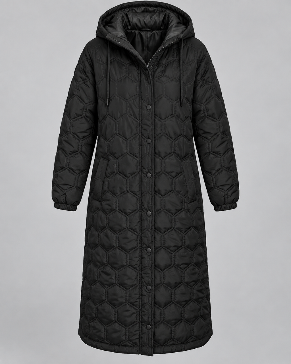 Women's Longline Hooded Coat with Quilting and Zip Front
