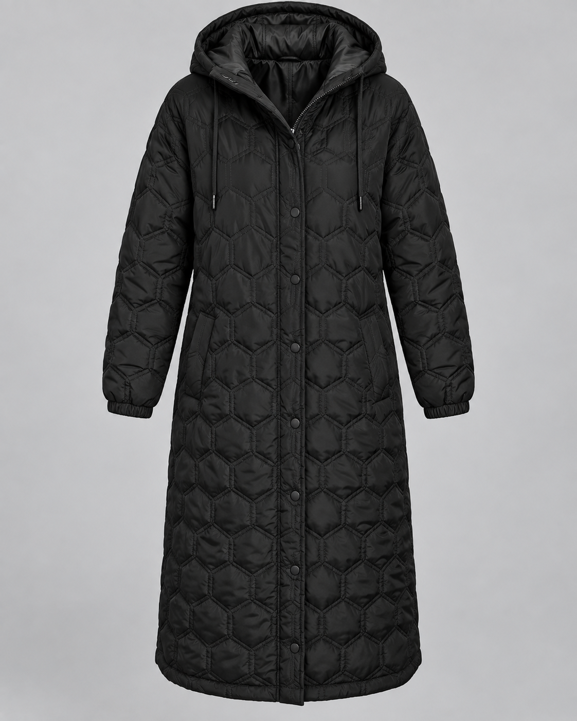 Women's Longline Hooded Coat with Quilting and Zip Front