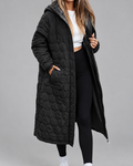 Women's Longline Hooded Coat with Quilting and Zip Front