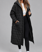 Women's Longline Hooded Coat with Quilting and Zip Front