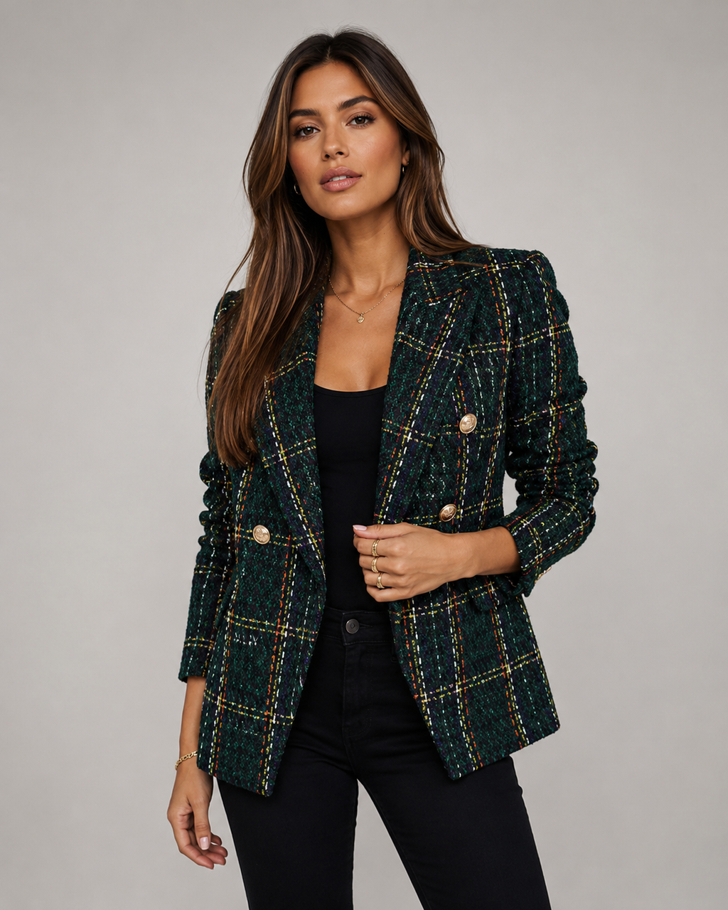Women's Fitted Double Breasted Notch Lapel Textured Check Blazer